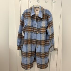 NWT Aritzia Wilfred Free Ganna Long Shirt Jacket Blue/Brown  Checkered